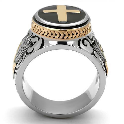 TK2623 Two-Tone IP Rose Gold Stainless Steel Ring featuring a jet epoxy center stone, showcasing a modern and elegant design.