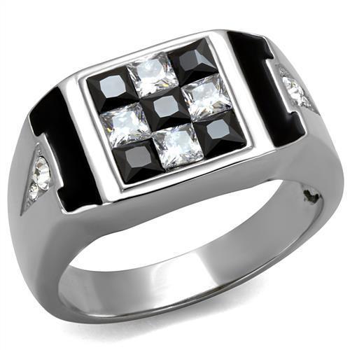 TK2663 High Polished Stainless Steel Ring featuring a jet colored AAA grade cubic zirconia stone, showcasing a sleek and modern design.
