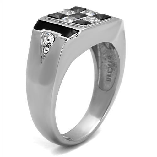 TK2663 High Polished Stainless Steel Ring featuring a jet colored AAA grade cubic zirconia stone, showcasing a sleek and modern design.