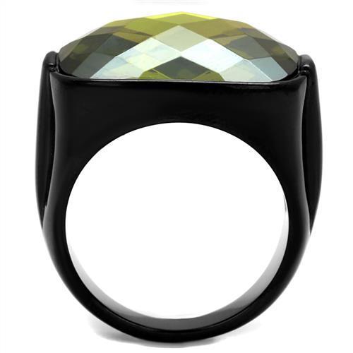 TK2639 IP Black Stainless Steel Ring featuring AAA Grade CZ in olivine color, showcasing a modern design and durable finish.