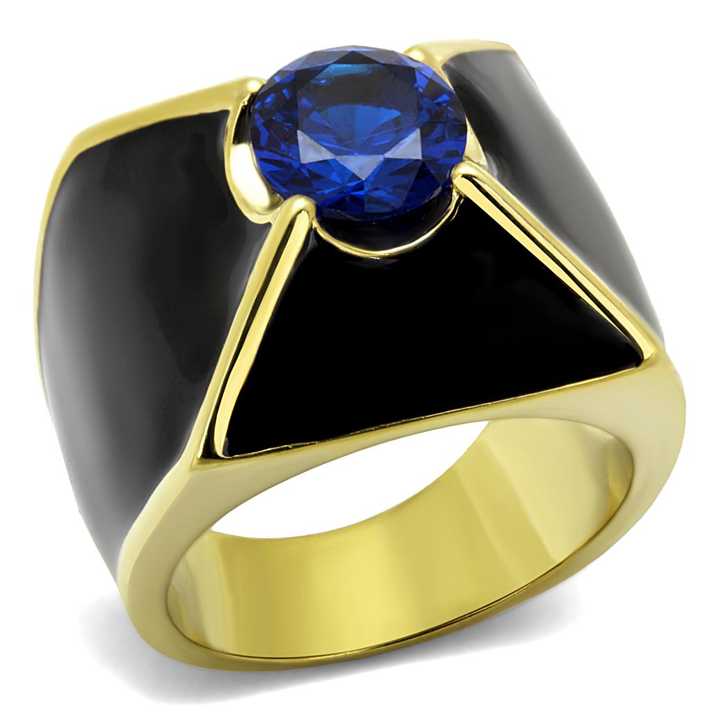 TK2640 IP Gold Stainless Steel Ring featuring AAA Grade CZ in London Blue color, showcasing its elegant design and luxurious finish.