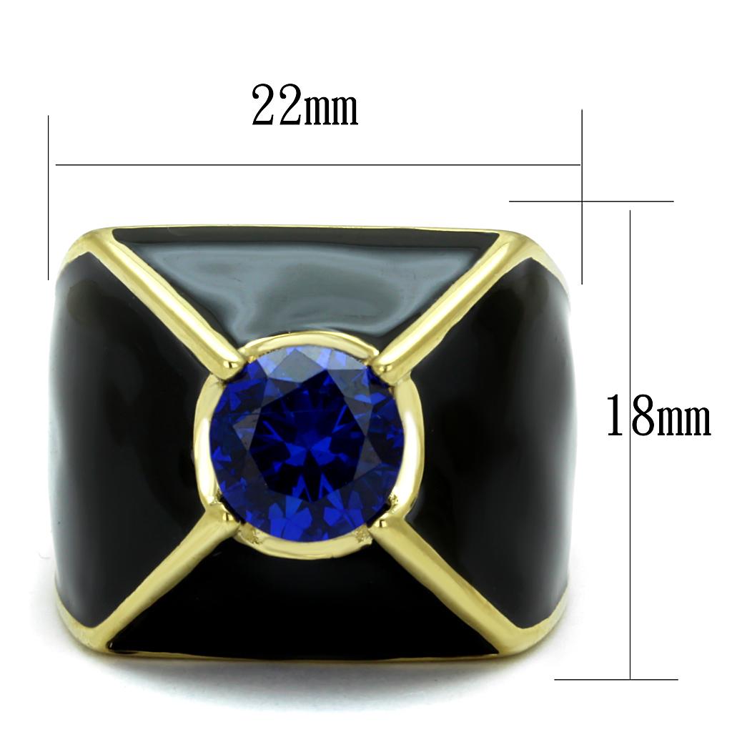TK2640 IP Gold Stainless Steel Ring featuring AAA Grade CZ in London Blue color, showcasing its elegant design and luxurious finish.