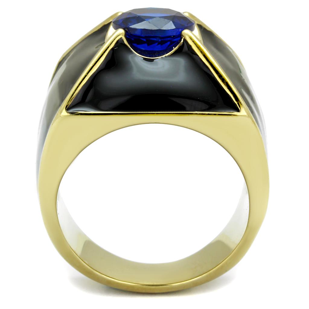 TK2640 IP Gold Stainless Steel Ring featuring AAA Grade CZ in London Blue color, showcasing its elegant design and luxurious finish.