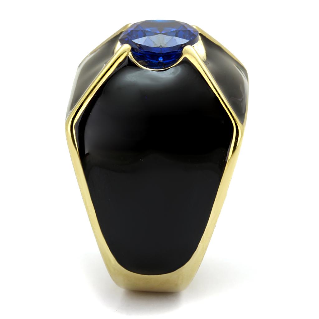 TK2640 IP Gold Stainless Steel Ring featuring AAA Grade CZ in London Blue color, showcasing its elegant design and luxurious finish.