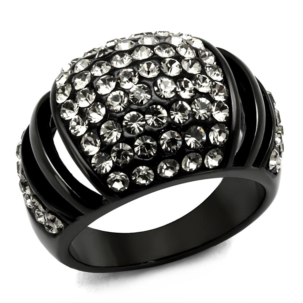 TK2643 IP Black Stainless Steel Ring featuring a top-grade hematite crystal, showcasing a sleek and modern design.