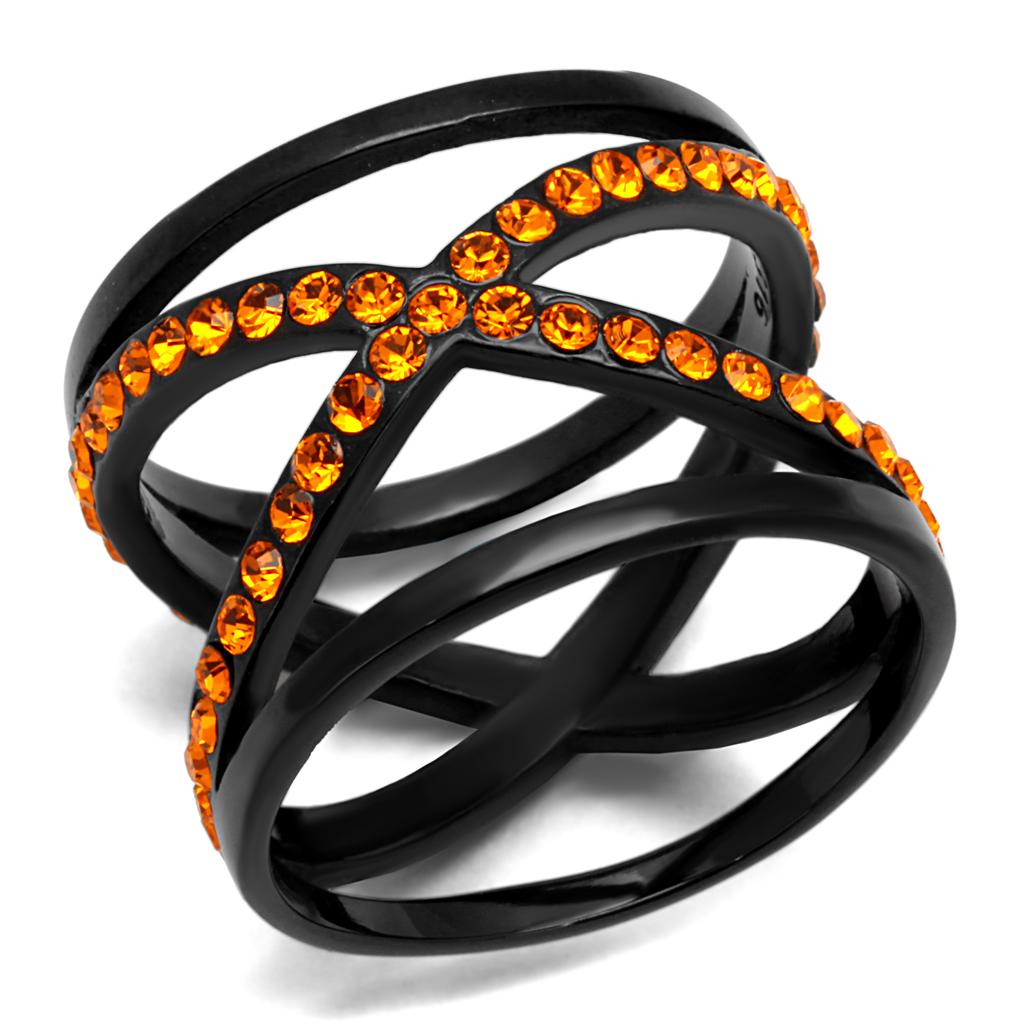 TK2645 IP Black Stainless Steel Ring featuring a vibrant orange top-grade crystal centerpiece, showcasing a modern and elegant design.