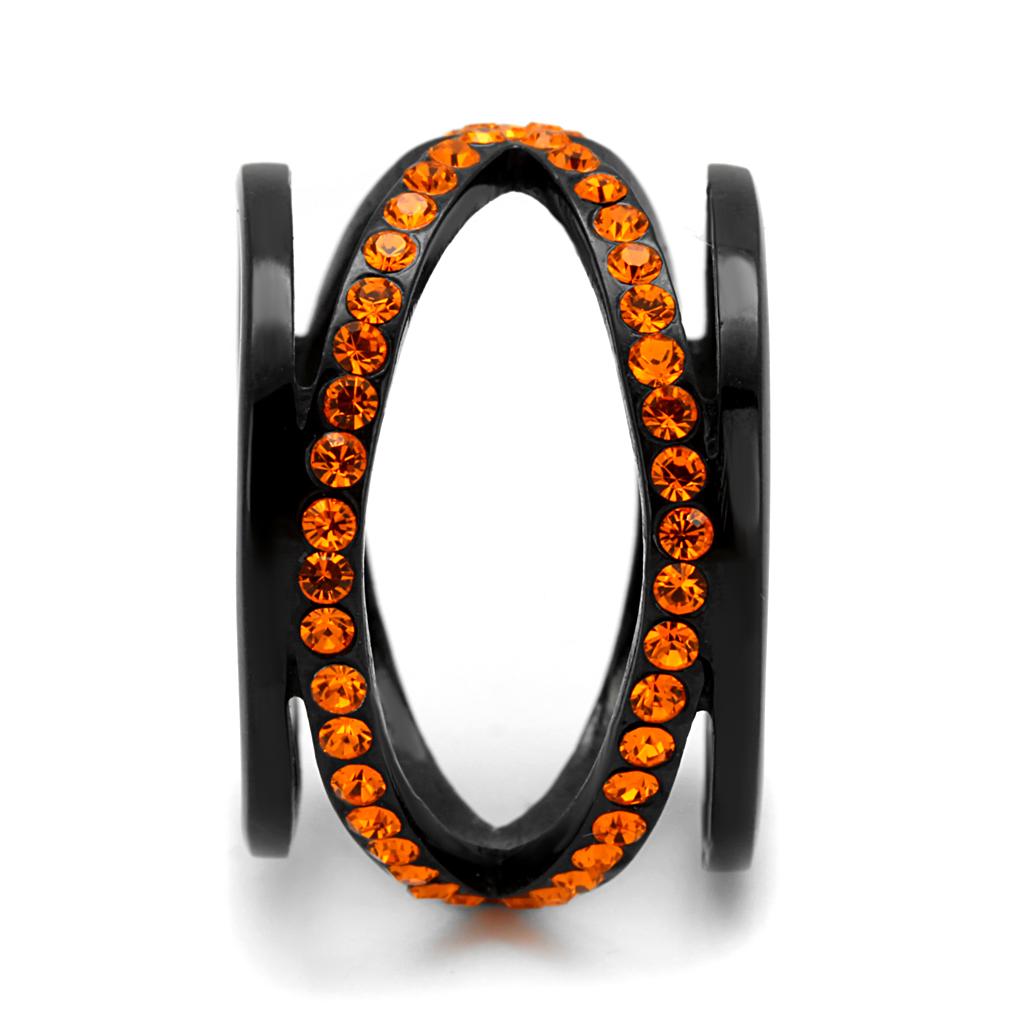 TK2645 IP Black Stainless Steel Ring featuring a vibrant orange top-grade crystal centerpiece, showcasing a modern and elegant design.