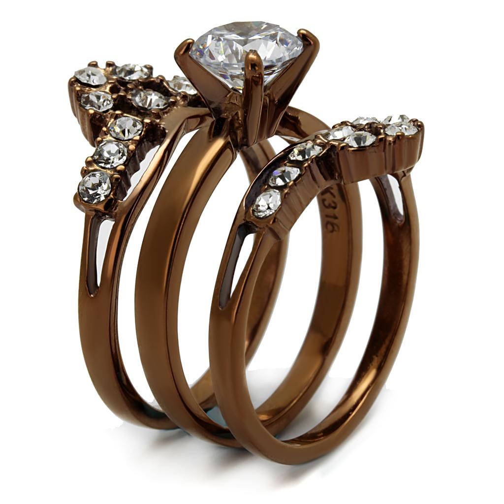 TK2647 IP Coffee light Stainless Steel Ring featuring a clear AAA Grade CZ stone, showcasing its elegant design and finish.