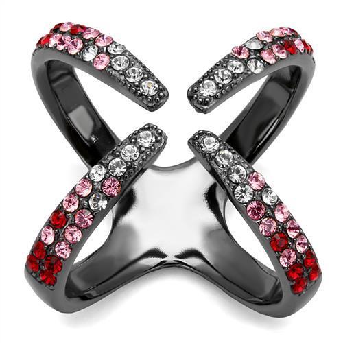 TK2696 IP Light Black Stainless Steel Ring featuring a top grade multi-color crystal center stone, showcasing a modern and elegant design.