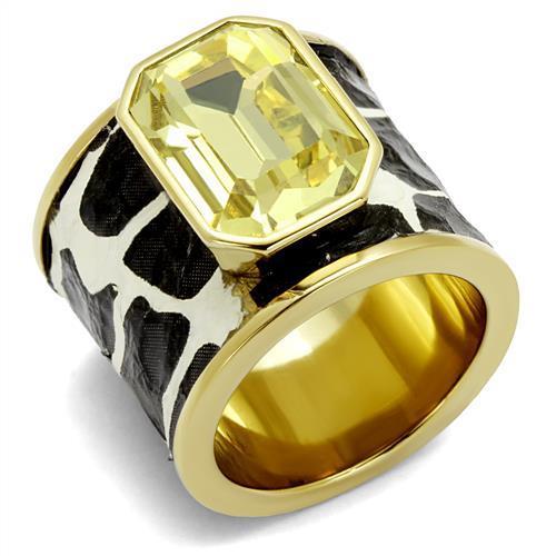 TK2701 IP Gold Stainless Steel Ring featuring a top-grade citrine yellow crystal, showcasing its elegant design and luxurious finish.