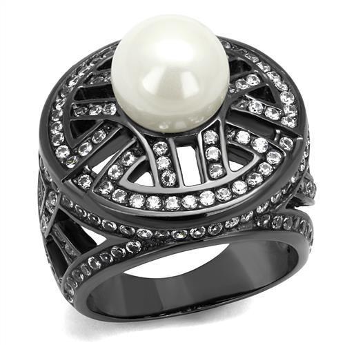 TK2771 IP Light Black Stainless Steel Ring featuring a synthetic white pearl centerpiece, showcasing a modern and elegant design.