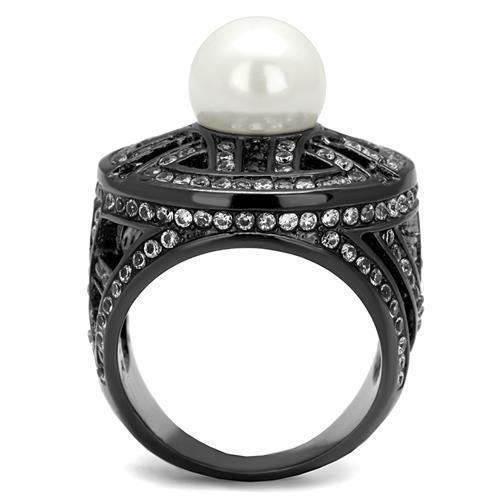 TK2771 IP Light Black Stainless Steel Ring featuring a synthetic white pearl centerpiece, showcasing a modern and elegant design.