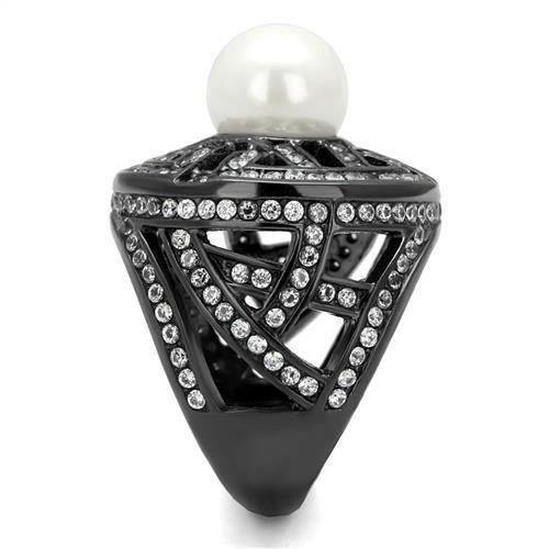TK2771 IP Light Black Stainless Steel Ring featuring a synthetic white pearl centerpiece, showcasing a modern and elegant design.