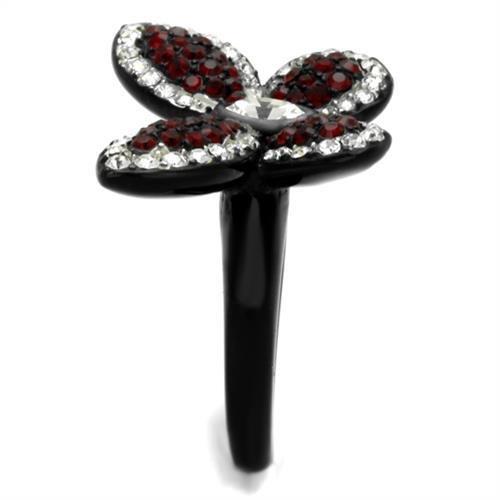 TK2273 Two-Tone IP Black Stainless Steel Ring featuring a Siam crystal, showcasing its elegant design and durable material.