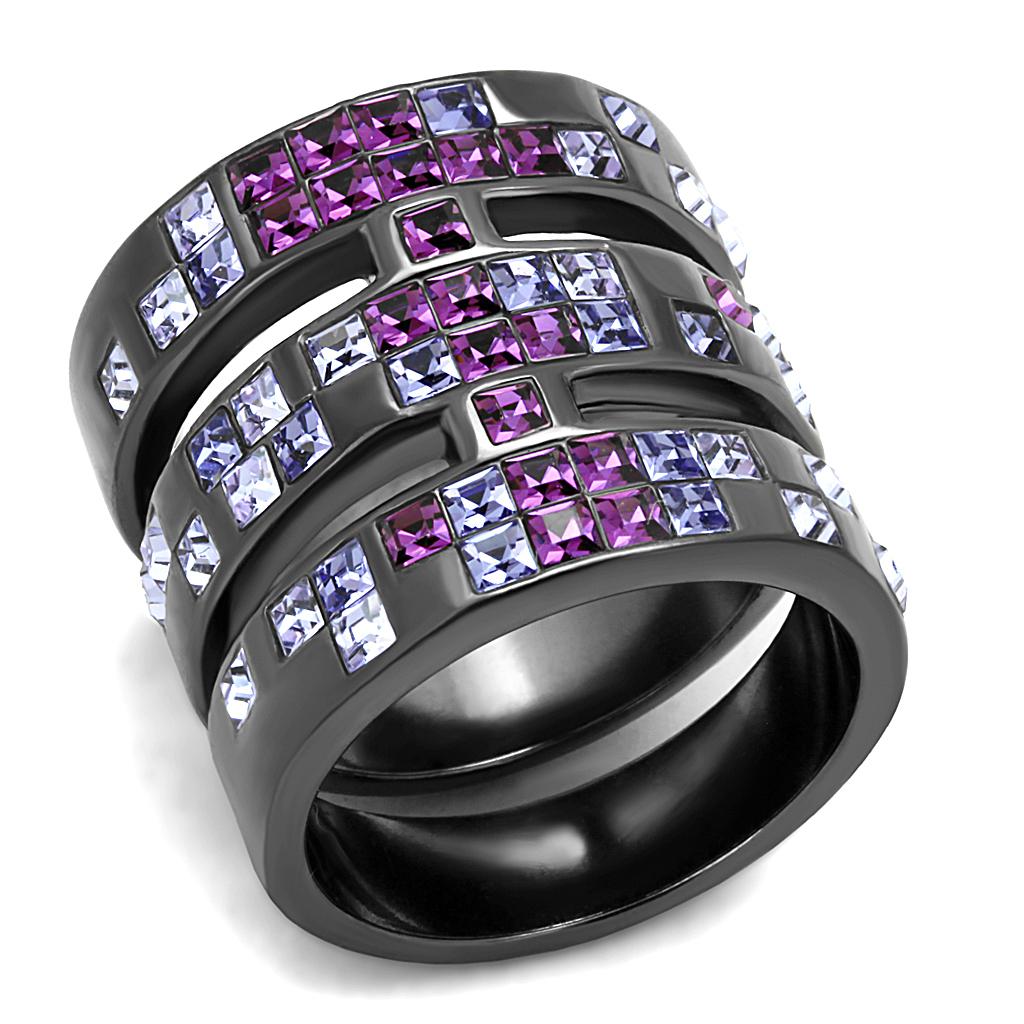 TK2734 IP Light Black Stainless Steel Ring featuring a top grade multi-color crystal, showcasing a modern and elegant design.