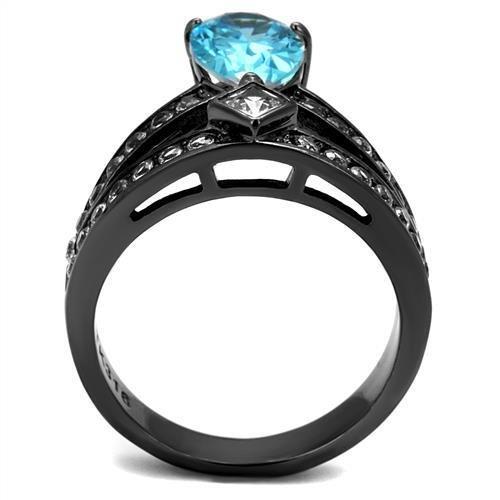 TK2775 IP Light Black Stainless Steel Ring featuring a Sea Blue AAA Grade CZ stone, showcasing a modern and elegant design.