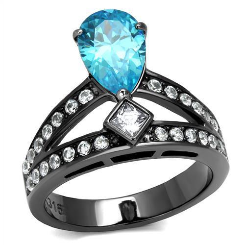TK2775 IP Light Black Stainless Steel Ring featuring a Sea Blue AAA Grade CZ stone, showcasing a modern and elegant design.