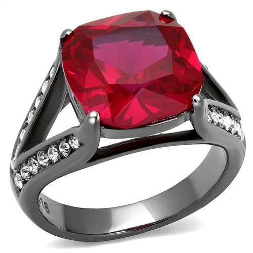 TK2760 IP Light Black Stainless Steel Ring featuring a synthetic ruby stone, showcasing a modern design with a sleek finish.