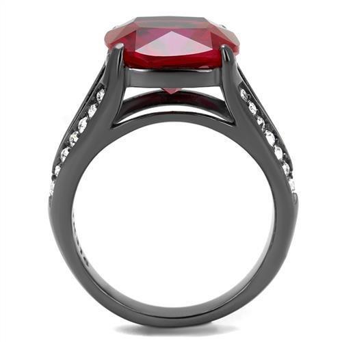 TK2760 IP Light Black Stainless Steel Ring featuring a synthetic ruby stone, showcasing a modern design with a sleek finish.