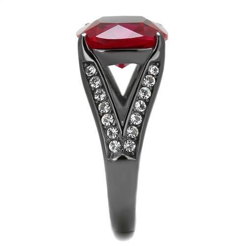 TK2760 IP Light Black Stainless Steel Ring featuring a synthetic ruby stone, showcasing a modern design with a sleek finish.