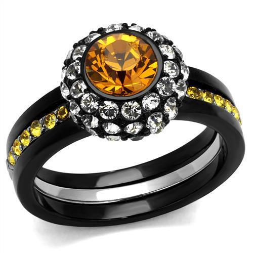 TK2783 Two-Tone IP Black Stainless Steel Ring featuring a vibrant Topaz crystal centerpiece, showcasing modern elegance and durability.