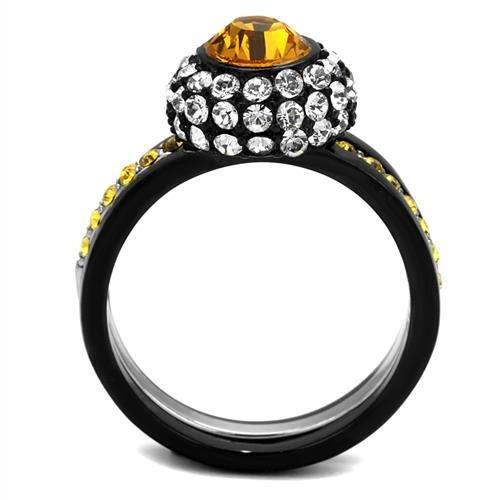 TK2783 Two-Tone IP Black Stainless Steel Ring featuring a vibrant Topaz crystal centerpiece, showcasing modern elegance and durability.