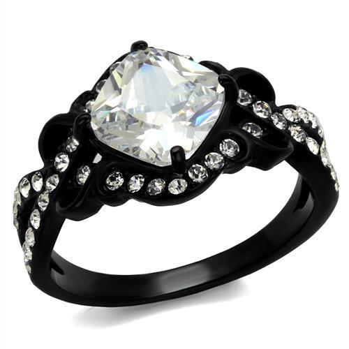 TK2288 IP Black Stainless Steel Ring featuring AAA Grade CZ, showcasing its elegant design and clear center stone.