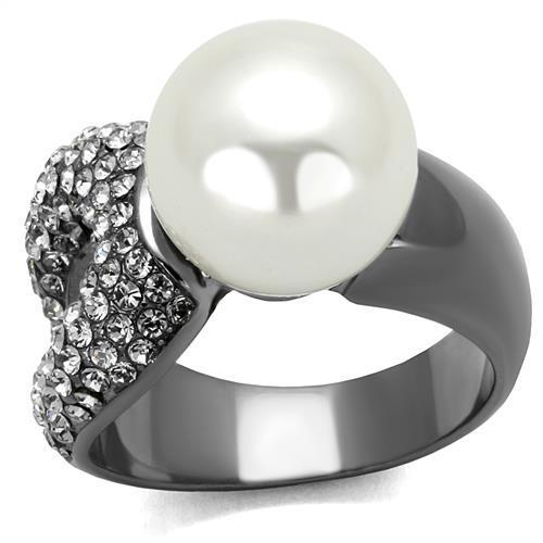 TK2800 IP Light Black Stainless Steel Ring featuring a synthetic white pearl centerpiece, showcasing a modern and elegant design.