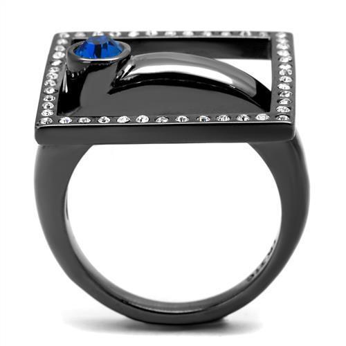 TK2808 IP Light Black Stainless Steel Ring featuring a Capri Blue Top Grade Crystal, showcasing its elegant design and modern finish.