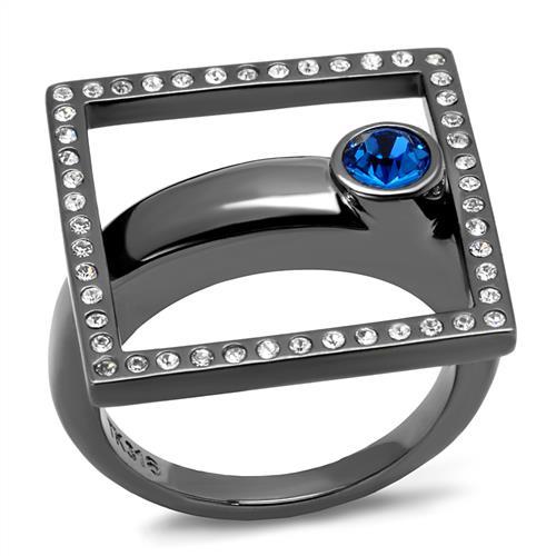 TK2808 IP Light Black Stainless Steel Ring featuring a Capri Blue Top Grade Crystal, showcasing its elegant design and modern finish.