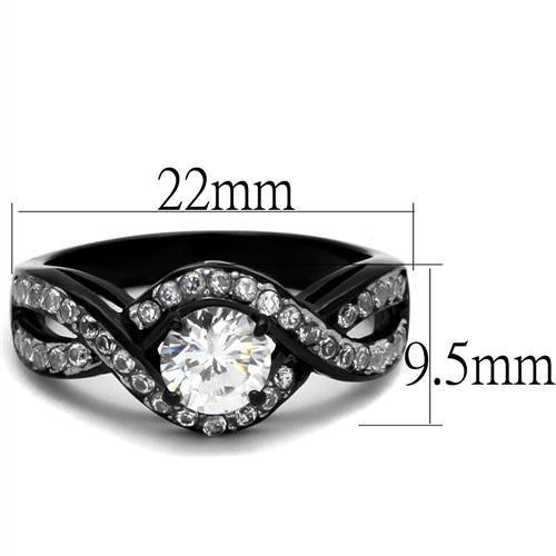 TK2282 Two-Tone IP Black Stainless Steel Ring featuring a clear AAA Grade CZ stone, showcasing a modern and elegant design.