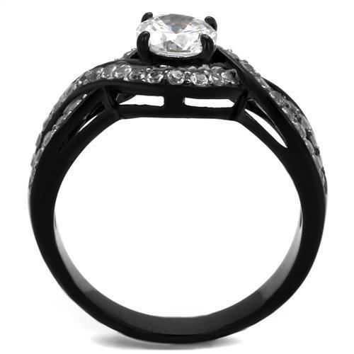 TK2282 Two-Tone IP Black Stainless Steel Ring featuring a clear AAA Grade CZ stone, showcasing a modern and elegant design.