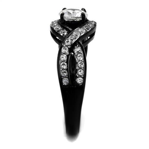 TK2282 Two-Tone IP Black Stainless Steel Ring featuring a clear AAA Grade CZ stone, showcasing a modern and elegant design.