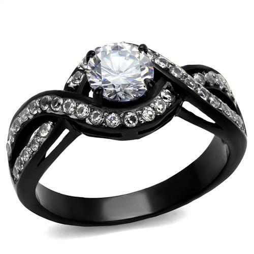 TK2282 Two-Tone IP Black Stainless Steel Ring featuring a clear AAA Grade CZ stone, showcasing a modern and elegant design.