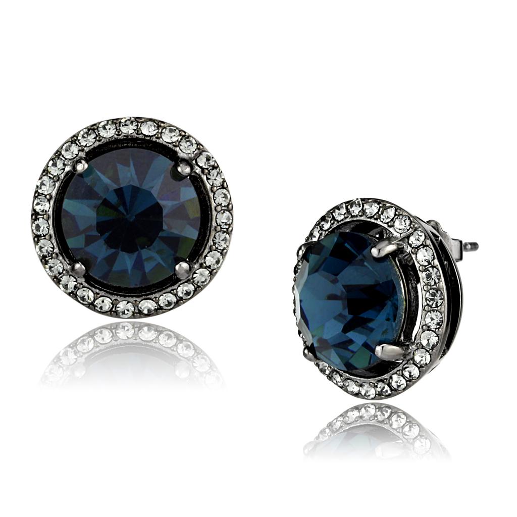 TK2820 IP Light Black Stainless Steel Earrings featuring a top-grade Montana crystal center stone, showcasing a modern and elegant design.