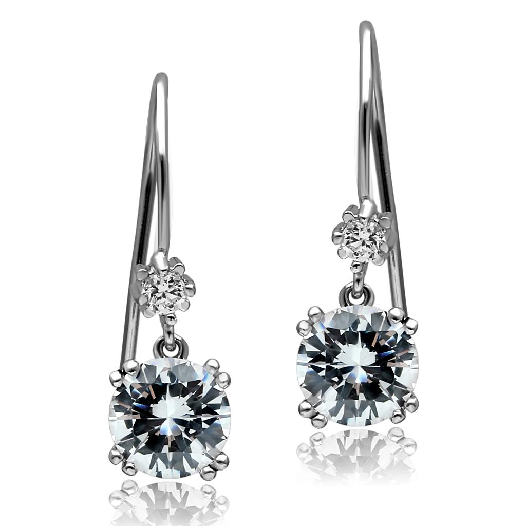 High polished stainless steel earrings featuring AAA grade clear cubic zirconia stones, elegantly designed for everyday wear.