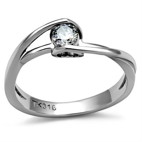 TK2835 High Polished Stainless Steel Ring featuring a clear AAA Grade CZ stone, showcasing its elegant design and shiny finish.