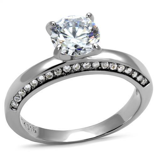 TK2864 High Polished Stainless Steel Ring featuring a clear AAA Grade CZ stone, showcasing a sleek and shiny design.