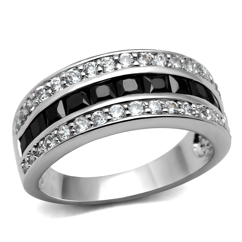TK2872 High Polished Stainless Steel Ring featuring a black diamond AAA grade CZ center stone, showcasing a sleek and shiny design.
