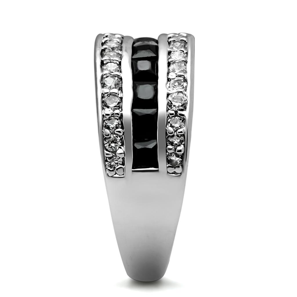 TK2872 High Polished Stainless Steel Ring featuring a black diamond AAA grade CZ center stone, showcasing a sleek and shiny design.