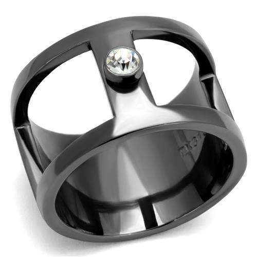TK2898 IP Light Black Stainless Steel Ring featuring a clear top-grade crystal, showcasing a modern and elegant design.