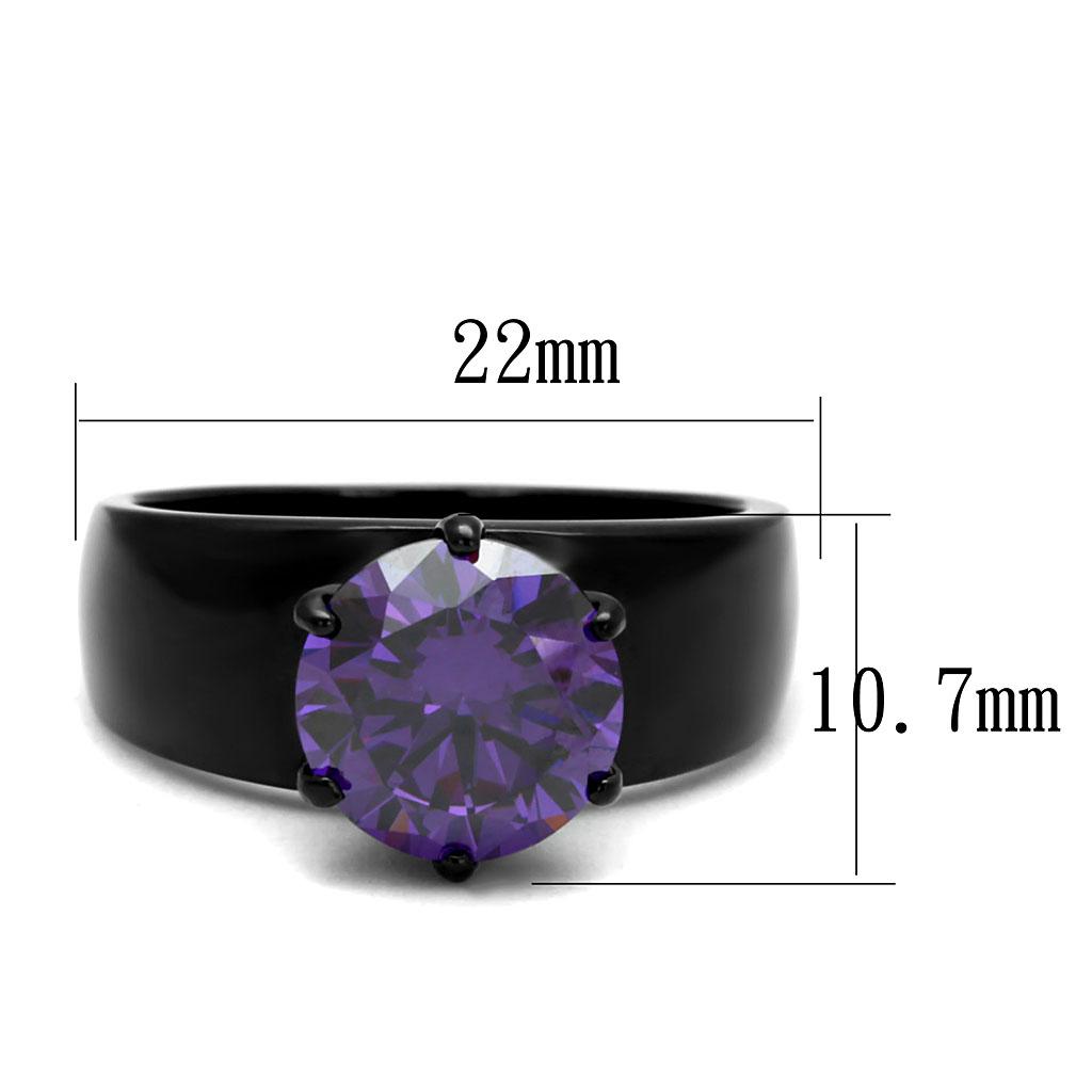 TK2999 IP Black Stainless Steel Ring featuring an AAA Grade CZ center stone in Amethyst color, showcasing a modern design.