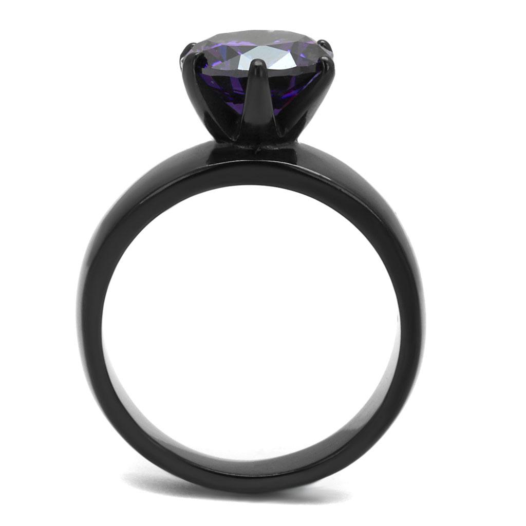 TK2999 IP Black Stainless Steel Ring featuring an AAA Grade CZ center stone in Amethyst color, showcasing a modern design.