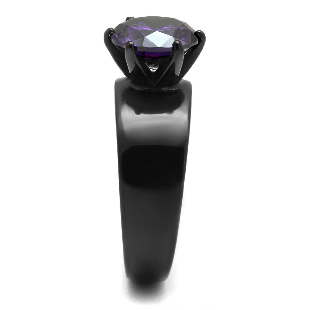 TK2999 IP Black Stainless Steel Ring featuring an AAA Grade CZ center stone in Amethyst color, showcasing a modern design.