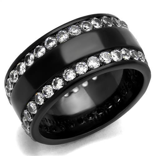 TK2290 IP Black Stainless Steel Ring featuring AAA Grade CZ center stone, showcasing its elegant design and modern finish.