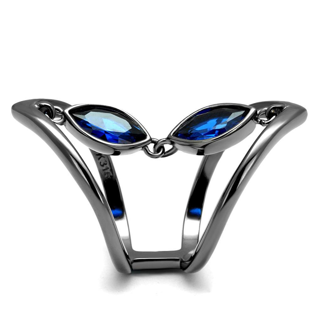 TK2990 IP Light Black Stainless Steel Ring featuring a synthetic London Blue Spinel stone, showcasing a modern and elegant design.