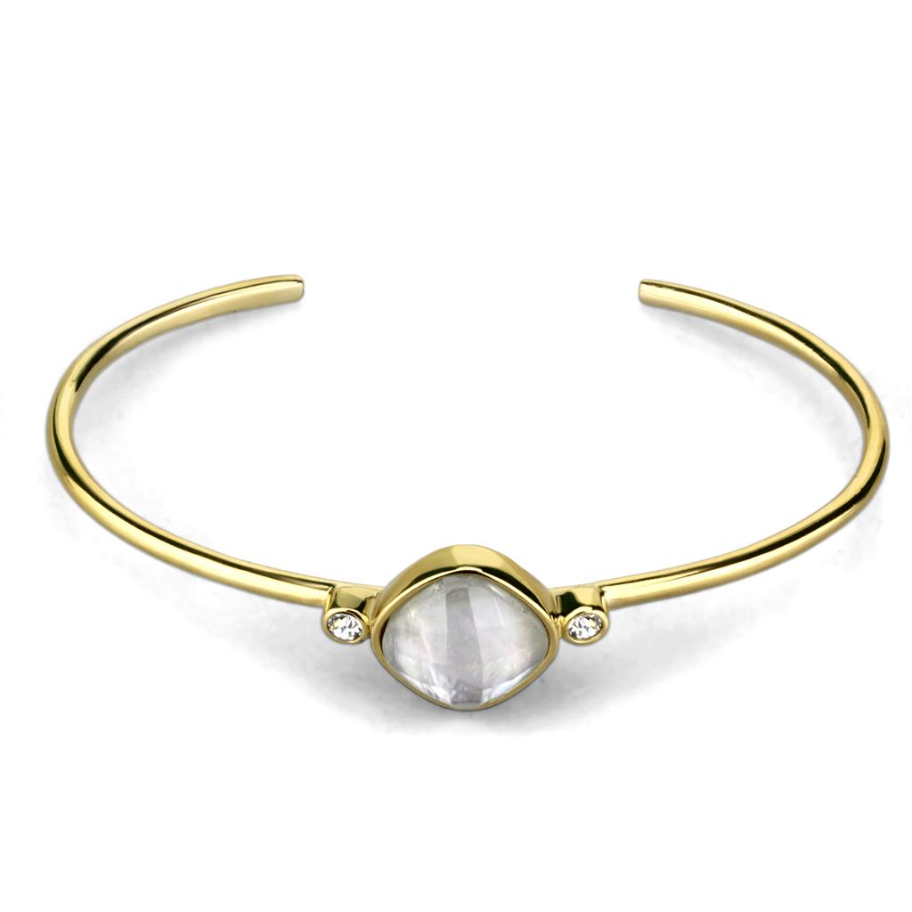 TK2910 IP Gold Stainless Steel Bangle featuring a white Conch precious stone, showcasing its elegant design and luxurious finish.