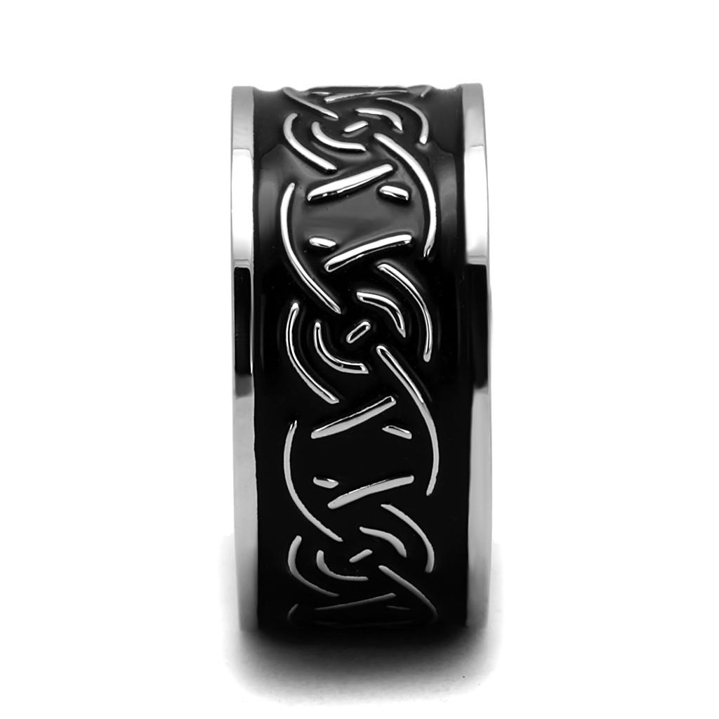 TK2922 High Polished Stainless Steel Ring featuring a jet epoxy center stone, showcasing a sleek and elegant design.