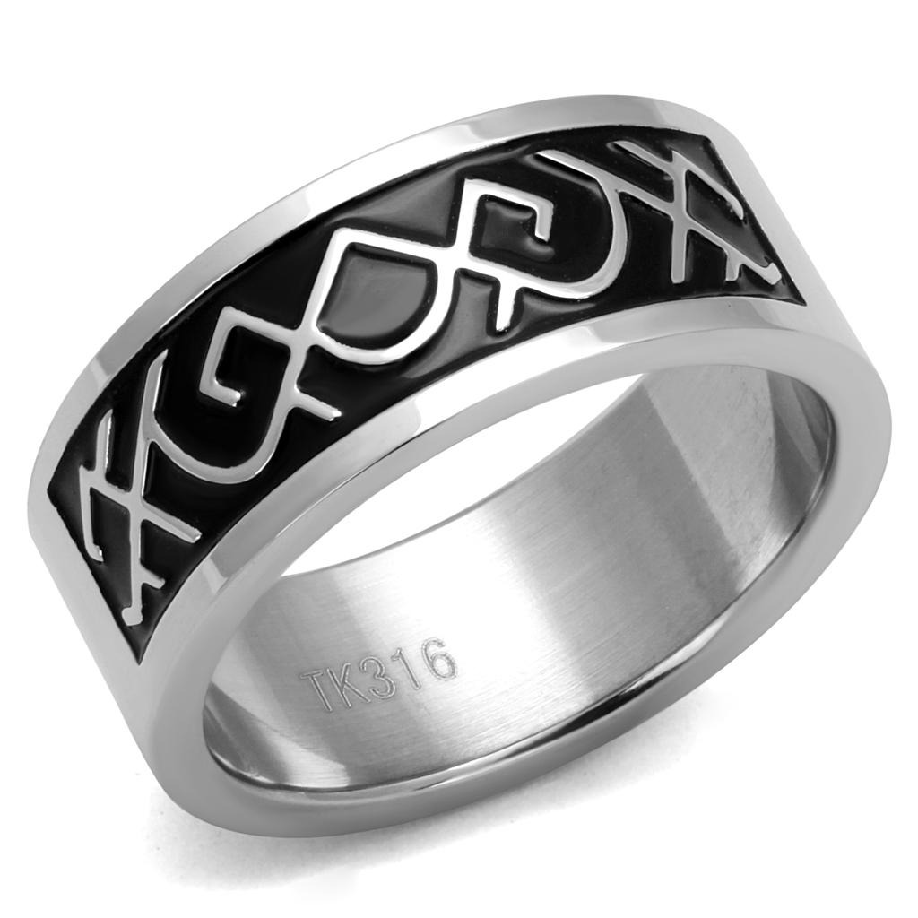 TK2921 High Polished Stainless Steel Ring featuring a jet black epoxy center stone, showcasing its elegant design and shiny finish.