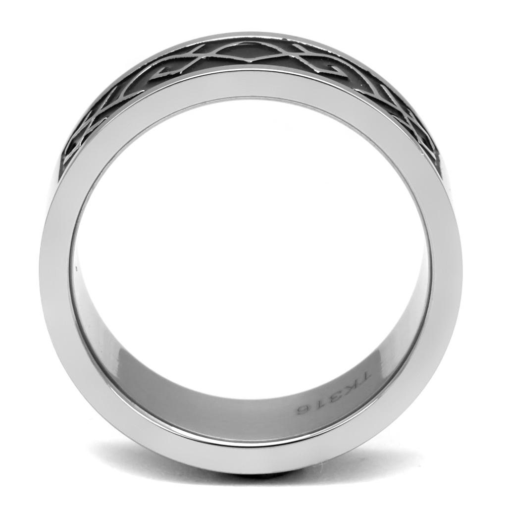 TK2921 High Polished Stainless Steel Ring featuring a jet black epoxy center stone, showcasing its elegant design and shiny finish.